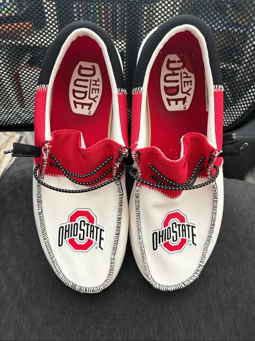 Hey Dude Slip-On Sneakers in White & Red with Ohio State Logo
